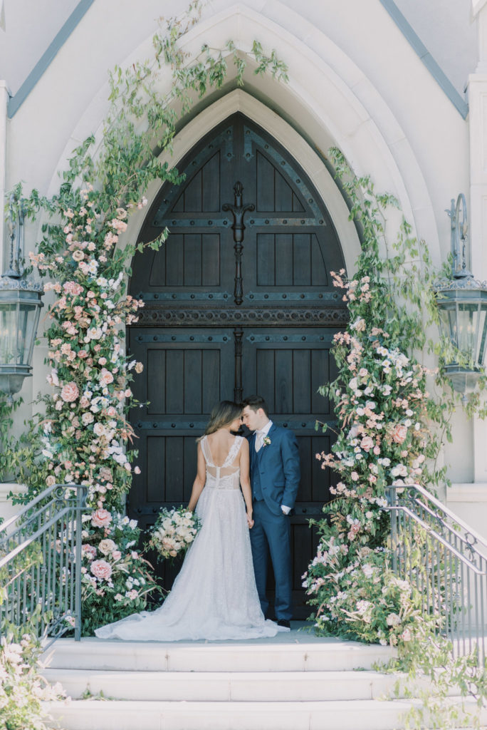 bride and groom at chapel