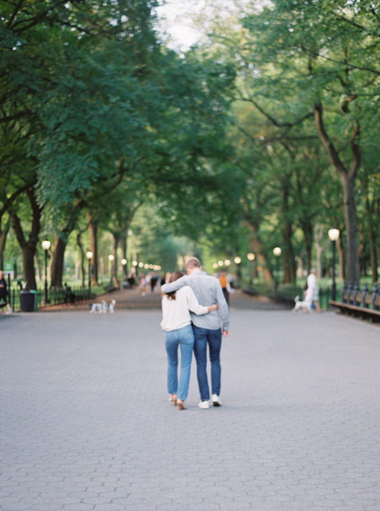 walking in central park engagement session