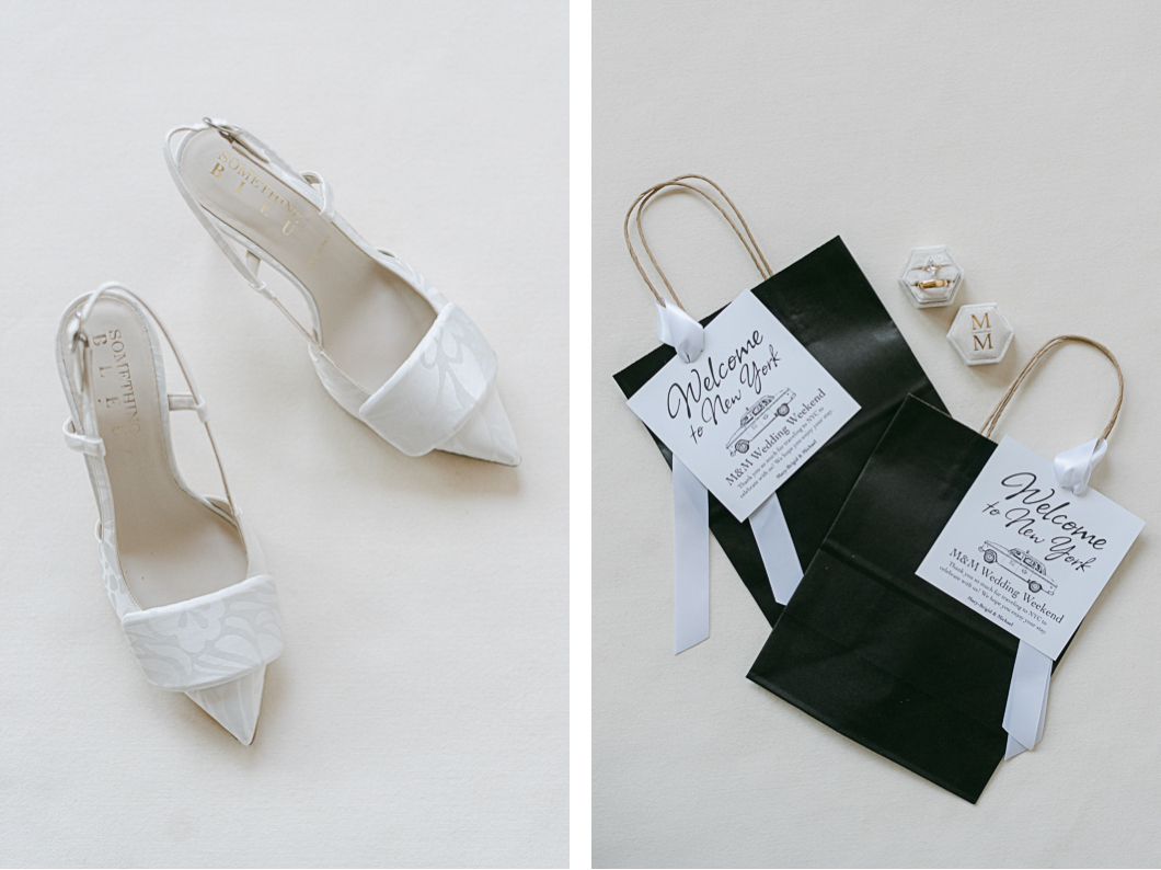 flat lay details of shoes and welcome bags