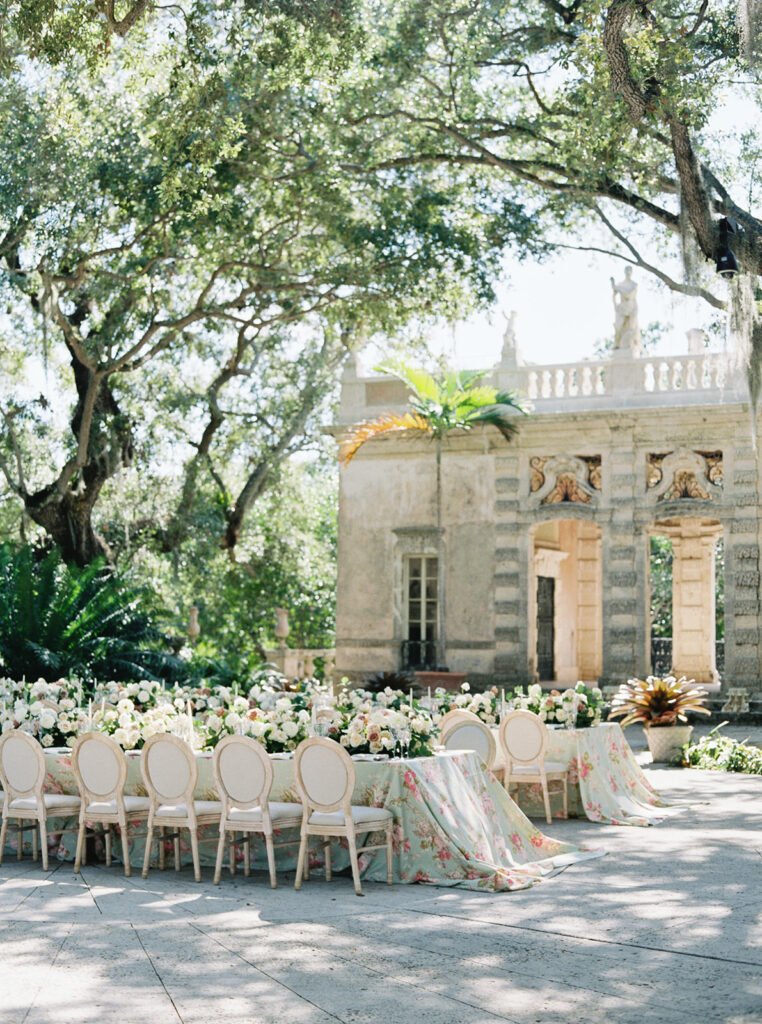 A second view of the tables set up for a reception at Vizcaya.