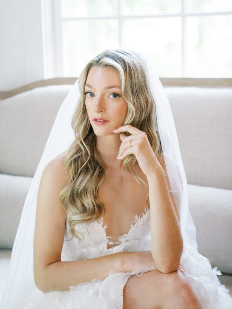 stunning portrait of the bride in her home getting ready for her keeler tavern wedding