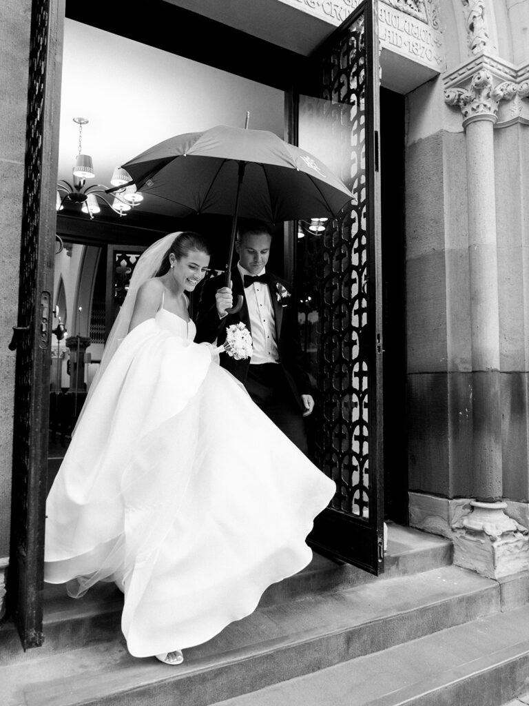 Bride and groom exiting the church at their Coveleigh Club Wedding.