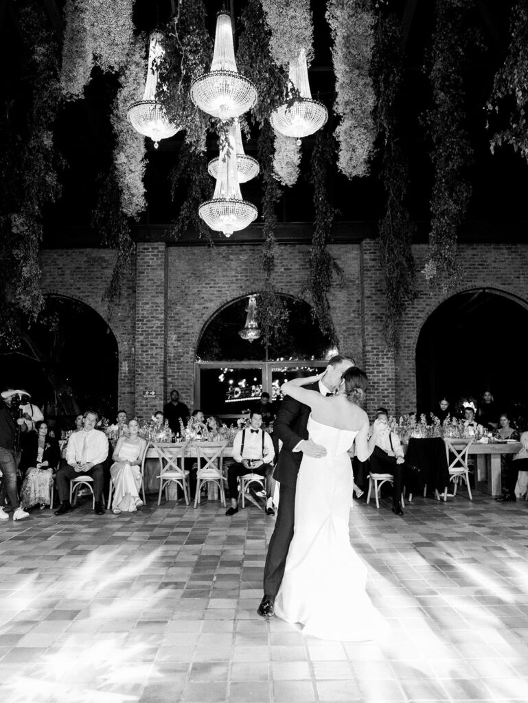 The bride and groom's first dance in black and white at their Colombia Wedding.
