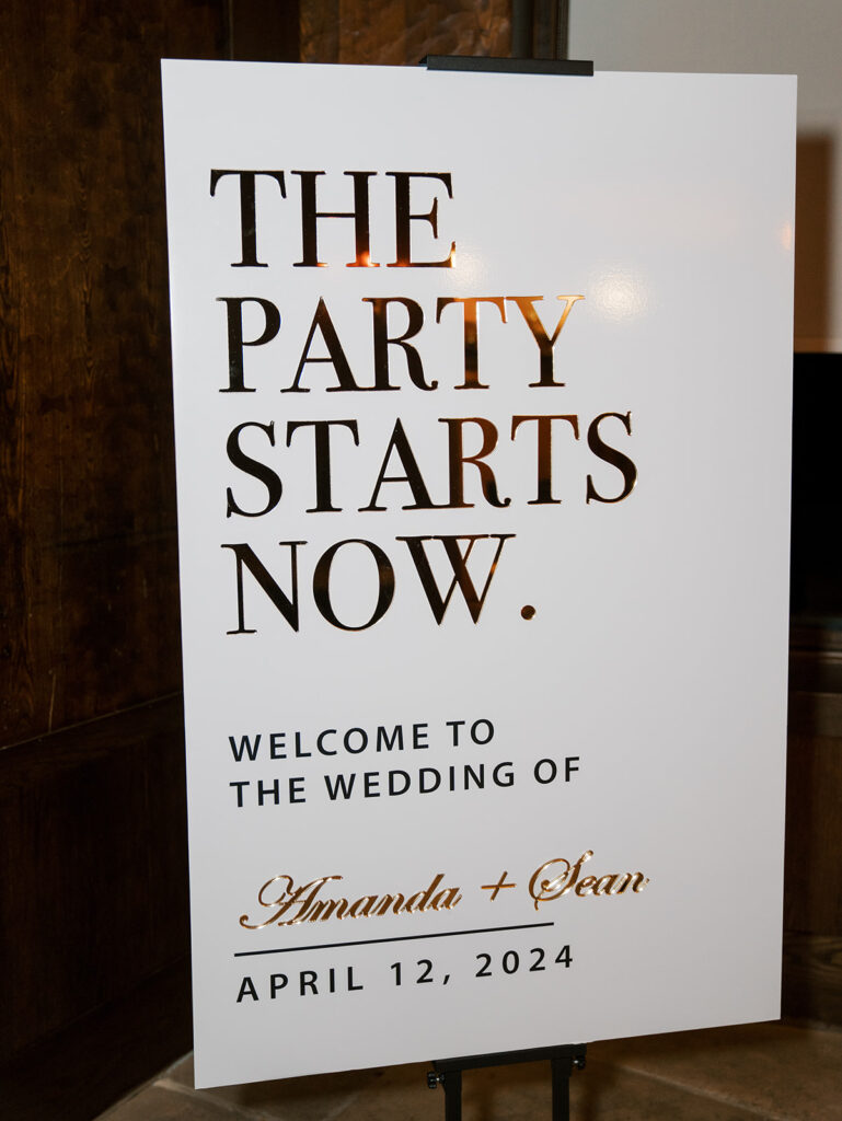 The welcome sign at the reception entrance. It reads "The Party Starts Now."