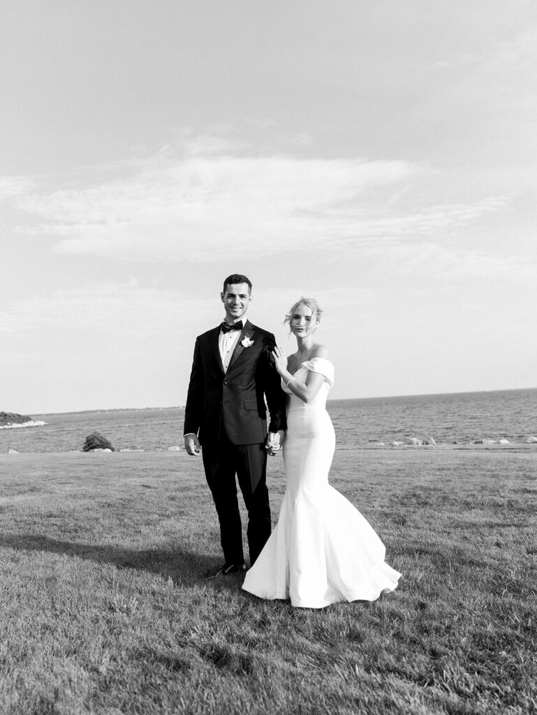 Black and white portrait of the bride and groom in the open lawn during their Castle Wedding