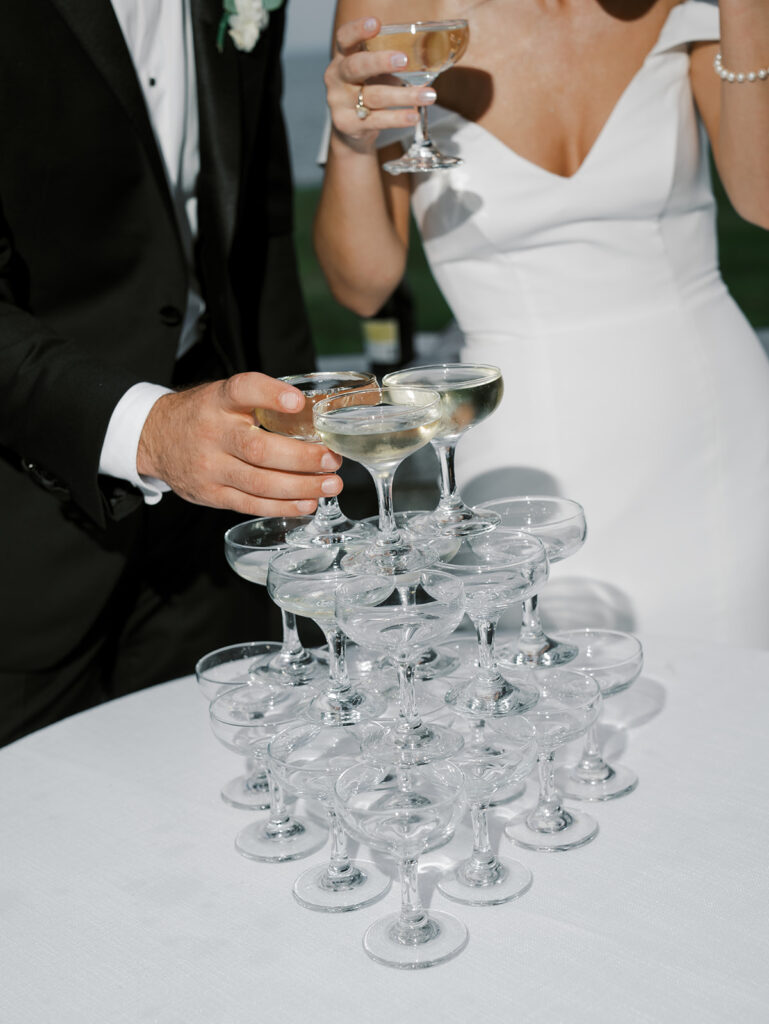 Close up of the champagne glasses from the champagne tower