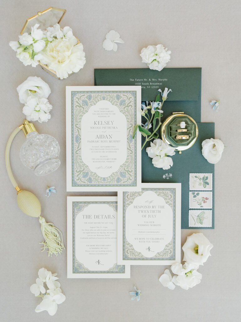 A flat lay of the wedding stationery.