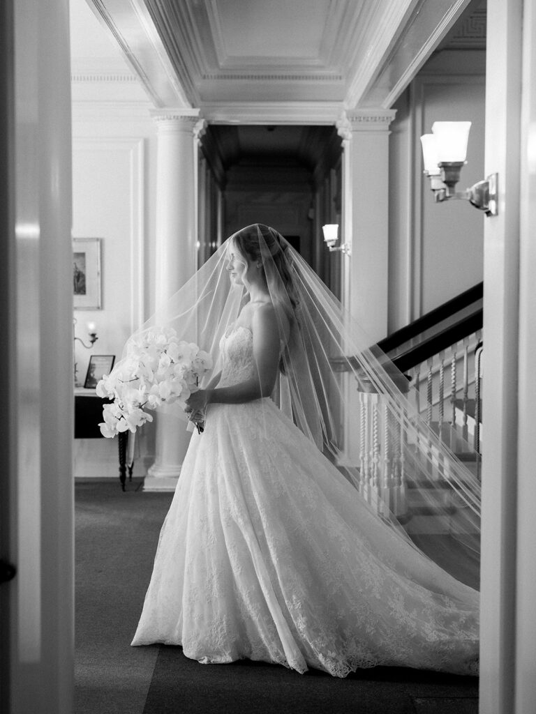 The bride just about to step out for her wedding processional at her Hildene Wedding.