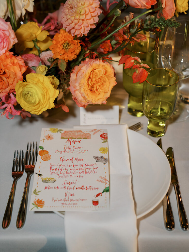 Close up of the menu and florals.