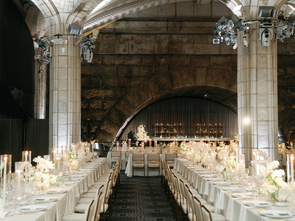 A pulled back image of the reception tables at Guastavino's.