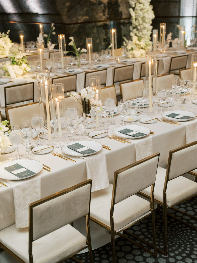 A mid crop angle of the table decor during the wedding reception.