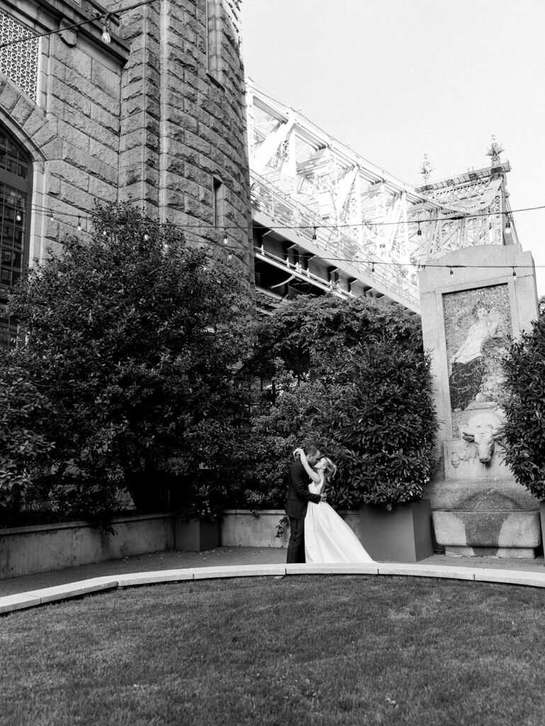 Bride and groom for a portrait in the gardens at their Guastavino's wedding.