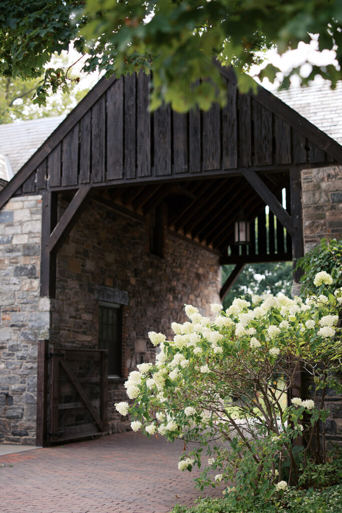 Outside photo of the barns. The covered entry way.