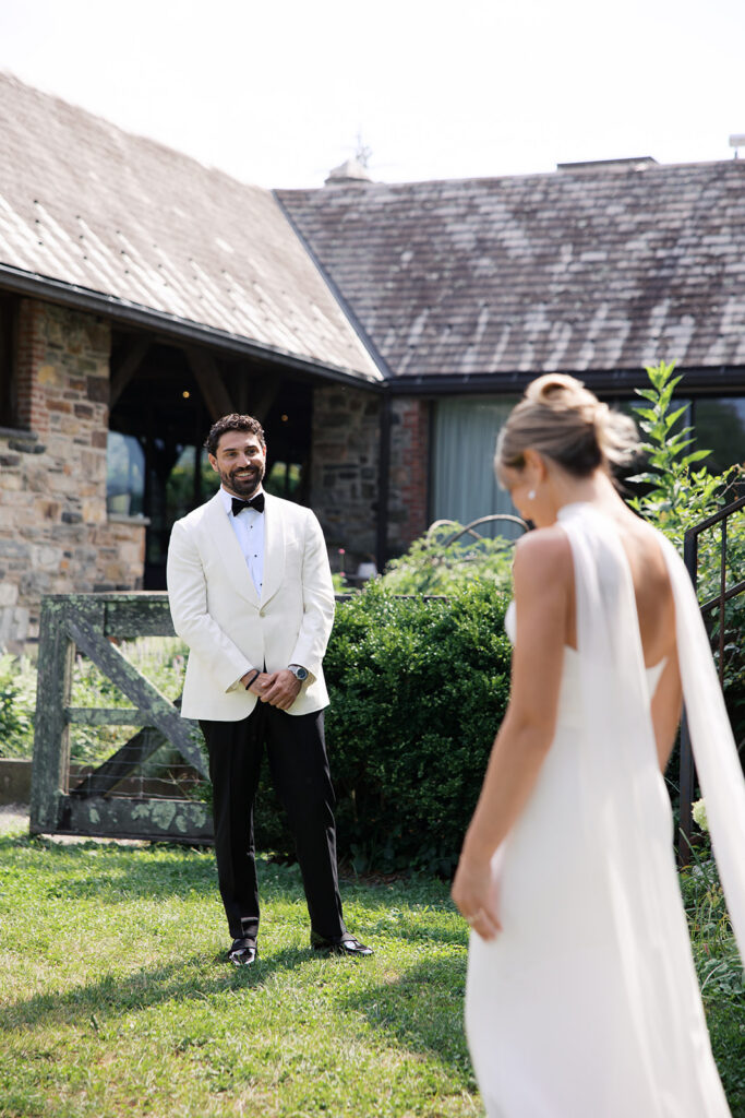 Bride and groom during first look.