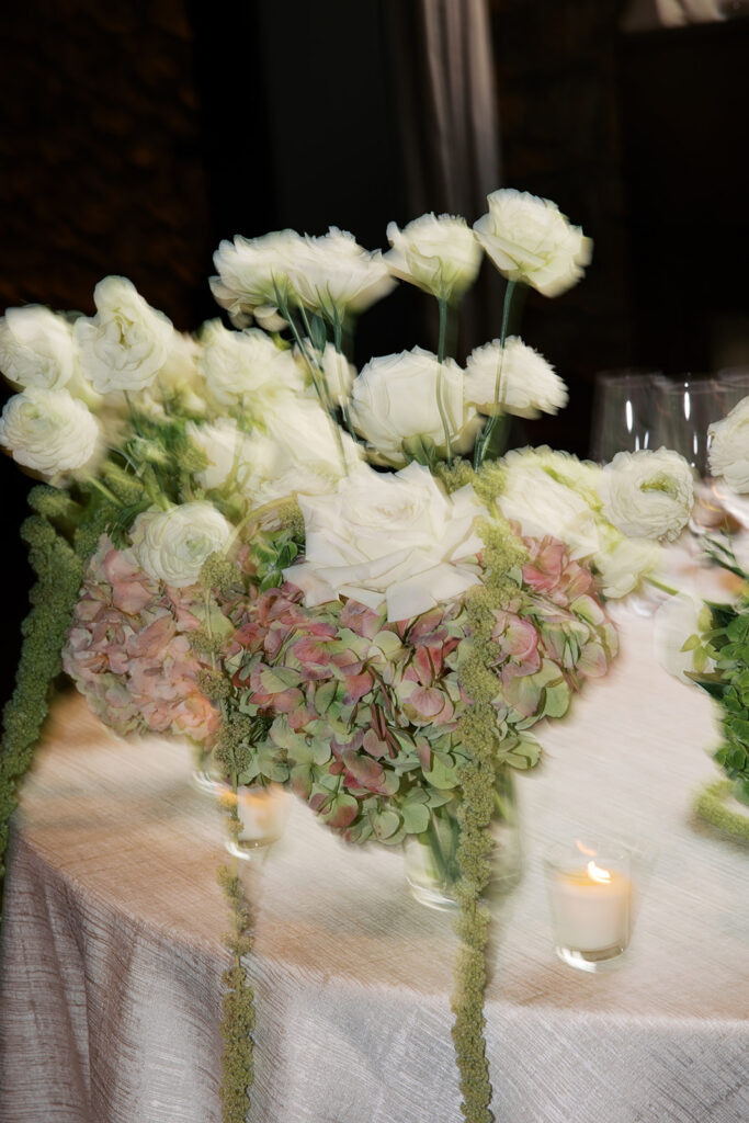 A blurry photo of the flowers on the tables to show organic texture.